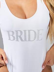 MISSGUIDED Bridal Swimsuit One Piece Rhinestone Text Wedding Beach Honeymoon Scoop Neck Tank Style Bathing Suit Bachelorette Party Swim - White - View 5
