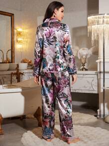 LuxeNights Elegant Floral Pattern Satin Lapel Pajamas Set For Women, Vacation