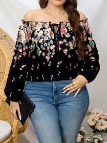 SHEIN Clasi Blusa de mujer talla grande con estampado floral, escote asimétrico, cuello curvo y puños elásticos, adecuada para vacaciones y uso diario - Negro - Ver 1