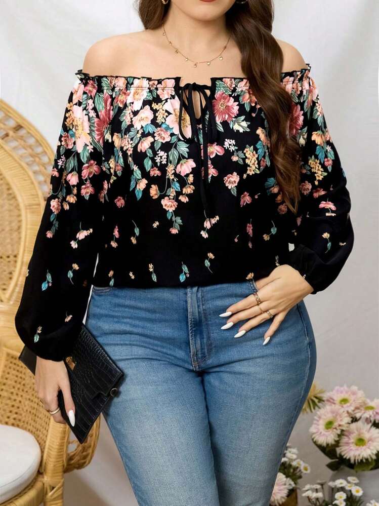 SHEIN Clasi Blusa de mujer talla grande con estampado floral, escote asimétrico, cuello curvo y puños elásticos, adecuada para vacaciones y uso diario - Negro - Añade 1