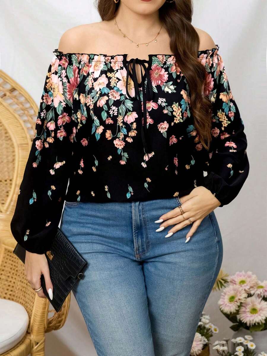 SHEIN Clasi Blusa de mujer talla grande con estampado floral, escote asimétrico, cuello curvo y puños elásticos, adecuada para vacaciones y uso diario - Negro - Ver 1