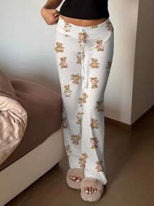 SHEIN EZwear Teddy Bear Applique Drawstring Waist Wide Leg Yoga Pants, Suitable For Summer Suitable For Going Out Fall Clothes Winter Clothes - Multicolor - View 5