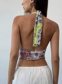 Aloruh 全新优雅佩斯利印花扭纹装饰性感深 V 无袖短款上衣 - 紫色 - 查看 2