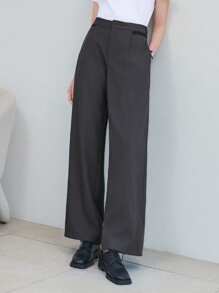 DAZY Pantalones de mujer de unicolor con pliegue delantero minimalista, pantalones casuales para uso diario, pantalones de vestir de mujer para atuendo de negocios - Gris Oscuro - Ver 3