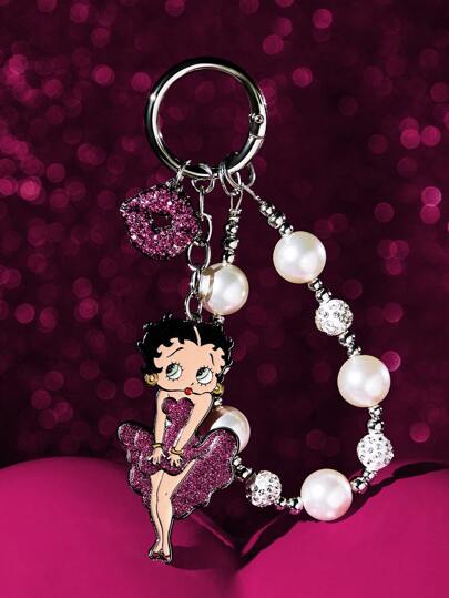 Betty Boop x SHEIN Cartoon Character Kiss Lip Pattern Pearl & Crystal Decor Keychain Bag Charm, Handmade Beaded, Gifts, For Valentine's Day,Gift Ideas,Party,Holiday,Valentine's Day