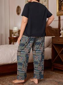 Trezura 大码女士睡衣套装，复古印花针织圆领短袖上衣和裤子 2 件套睡衣套装，适合四季穿着