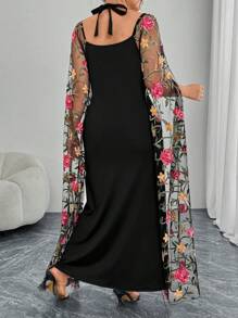 Modelyn Elegant Knit Contrast Mesh Embroidery Extra Long Sleeve Fitted Dress, Plus Size, Spring & Summer - Multicolor - View 2