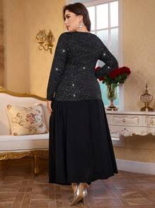 Modelyn Elegant Silver Foil Sweetheart Neck Long Sleeve Slim Fit Top And Elastic Waist A-Line Skirt 2 Pieces Set For Plus Size, Spring Autumn - Black - View 2