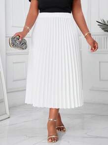 SHEIN Lady 春夏优雅通勤办公婚礼鸡尾酒会白色编织褶皱中长加大码半身裙 - 米色 - 查看 6