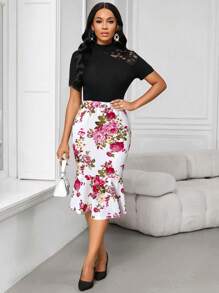 SHEIN Lady Spring And Summer Red Rose Printed Wedding Wedding Guest Women Valentine's Day Elegance And Romance Ruffle Ruffle Designs Vacation Outfits Woman Women Skirts