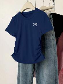 INAWLY Camiseta informal de mujer con plisado y estampado de lazo, minimalista - Multicolor - Ver 10