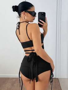 SHEIN ICON 2pcs/Set Fashionable & Sexy Crisscross Cami Shorts Set - Black - View 2
