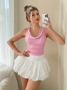 Sweetina Camiseta ajustada elegante con cuello drapeado, acabado con flocado y fruncido - Rosa - View 3