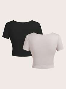 SHEIN BASICS 2pcs/Set Casual Solid Color Knit Round Neck Short Sleeve Fitted Cropped Women T-Shirt - Multicolor - View 2