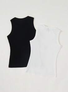 SHEIN BASICS 2 Packs Casual Solid Knitted Slim-Fit Tank Top - Black and White - View 2