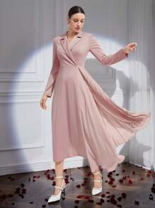 Modelyn Damen einfarbiges Kleid mit Hemdkragen, Langarm, schlicht, Lässig, elegant - Pink - Übersicht 4