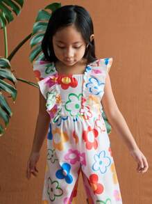 SHEIN Colorful Floral Ruffle Cute Hand-Painted Girls Jumpsuit - Multicolor - View 6