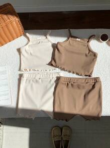 SHEIN 4pcs/Set Baby Girl Cute Knitted Camisole & Shorts Set, Summer