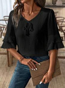 SHEIN LUNE Casual linne V-ringad volangärmad blus för kvinnor - Svart - Visa 6