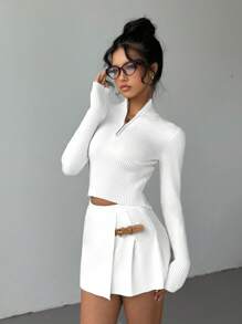 Aloruh 2 pezzi/Set Top a maniche lunghe con cerniera e minigonna coordinati di colore unito da donna - Bianco - Visualizzare 3