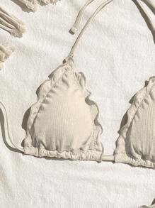 Swim Mod 女士纯色性感荷叶边比基尼套装，非常适合度假 - 米色 - 查看 3