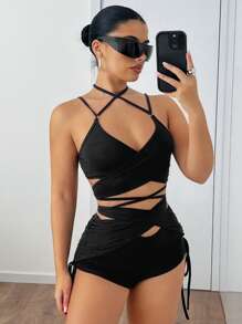 SHEIN ICON 2pcs/Set Fashionable & Sexy Crisscross Cami Shorts Set - Black - View 3