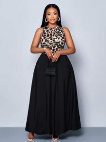 Maweii Women Plus Size Spring Summer Casual Elegant Solid Color Leopard Print Splicing Simple Daily Ruched Waistline Ruffle Hem Lantern Flower Bud HemSleeveless Tank Long Dress - Black - View 6