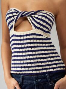 MISSGUIDED Nautical Stripe Crochet Knit Bandeau Top With Front Bow Detail Summer Beach Crop Top Resort Wear Strapless Design Vacation Ready Beachwear - Multicolor - View 7