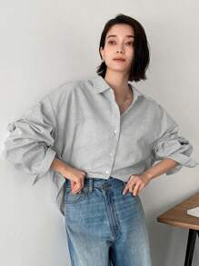 FRIFUL 女士条纹落肩长袖单排扣休闲衬衫