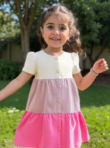 SHEIN Girls' Sweet Multi-Color Patchwork Front Button Casual Short Sleeve Dress - Multicolor - View 1