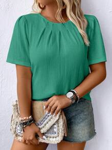 EMERY ROSE Plus Size Solid Color Round Neck Short Sleeve Casual Shirt - Green - View 6