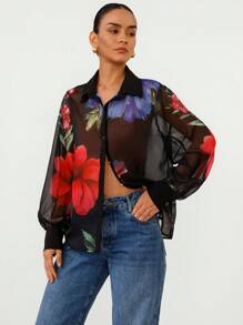 Aveloria Modichic 性感浪漫花卉印花纽扣式 V 领半透明雪纺长袖中长款女士衬衫