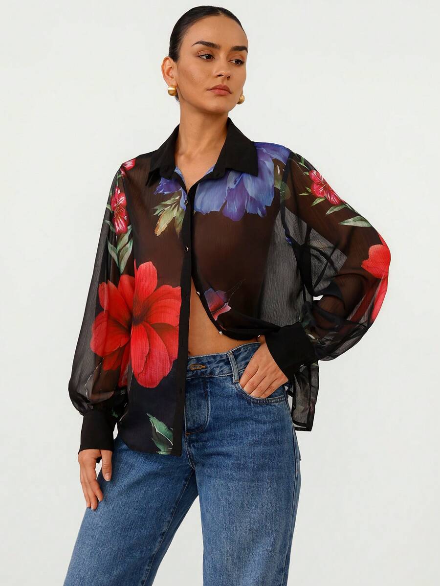 Aveloria Modichic 性感浪漫花卉印花纽扣式 V 领半透明雪纺长袖中长款女士衬衫