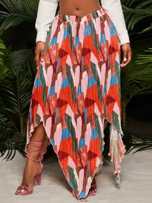 SHEIN SXY Plus Size Women Plus High Waisted Asymmetrical Hem Color Block Print Pleated Skirt, Suitable For Daily Wear, Beach Vacation, Date Night, Birthday, Bachelorette Party, Cute, Casual, Shopping, Streetwear, Going Out, Easy To Match & Looks Slim, Accent Your Body