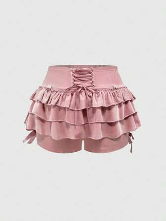 Kawaii Short vintage pour femmes grandes tailles en velours rose avec volants, nœud à l'avant et ourlet