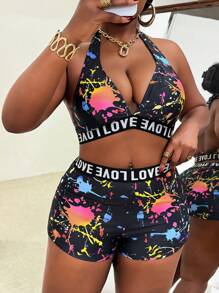 SHEIN Slayr CURVE Plus Size Dames 2-delige badmode, kleurrijke willekeurige letterprint, gewatteerde busteondersteuning, diepe V-top en hoge taille slip, strandvakantie bikini