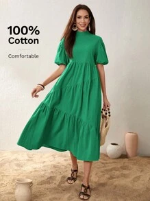 Seusyu Mock Neck Puff Sleeve Ruffle Hem Dress - Green - View 7