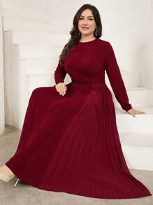 Modelyn Plus Size Women's Solid Color Round Neck Long Sleeve Pleated Simple Casual Arabian Dress,Modest - Burgundy - View 2