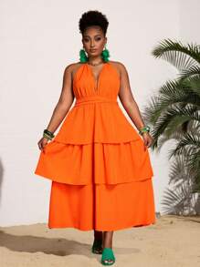 Slaydiva Plus Size Women's Orange Summer Beach Dress,Halter Hollow-Out Multilayer Ruffle Hem Waisted Midi Dress For Holiday,Vacation & Casual Styles - Orange - View 4