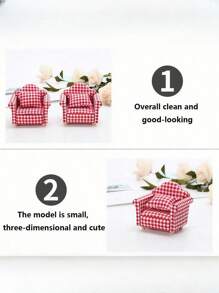 SHEIN 1pc 1:12 Mini Furniture Country Style Red & White Plaid Sofa Model Toy Christmas Decor,Doll Couch,Doll House Decor,Sylvanian Families
