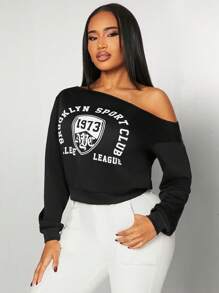 SHEIN SXY Black Vintage American Style Asymmetric Shoulder Loose Fit Letter Print Sweatshirt, Casual Sports/College/Back To School/Daily Wear/Game Viewing, Versatile Pullover Top, Spring/Summer - Black - View 1