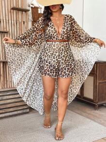 SHEIN Clasi 大码豹纹 V 领斗篷袖荷叶边短裤休闲连体裤度假 - 彩色 - 查看 8