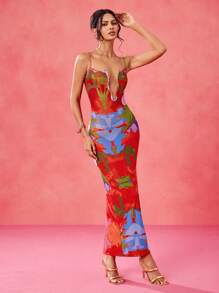 Eva Novielli Designer Multicolor Floral Printed Mesh Spaghetti Straps Deep V Bodycon Maxi Dress, Spring And Summer Sundress, Concert Outfit, Spring Break, Rave, Prom Dress, Brunch Outfits, Tea Party Dress - Multicolor - View 1