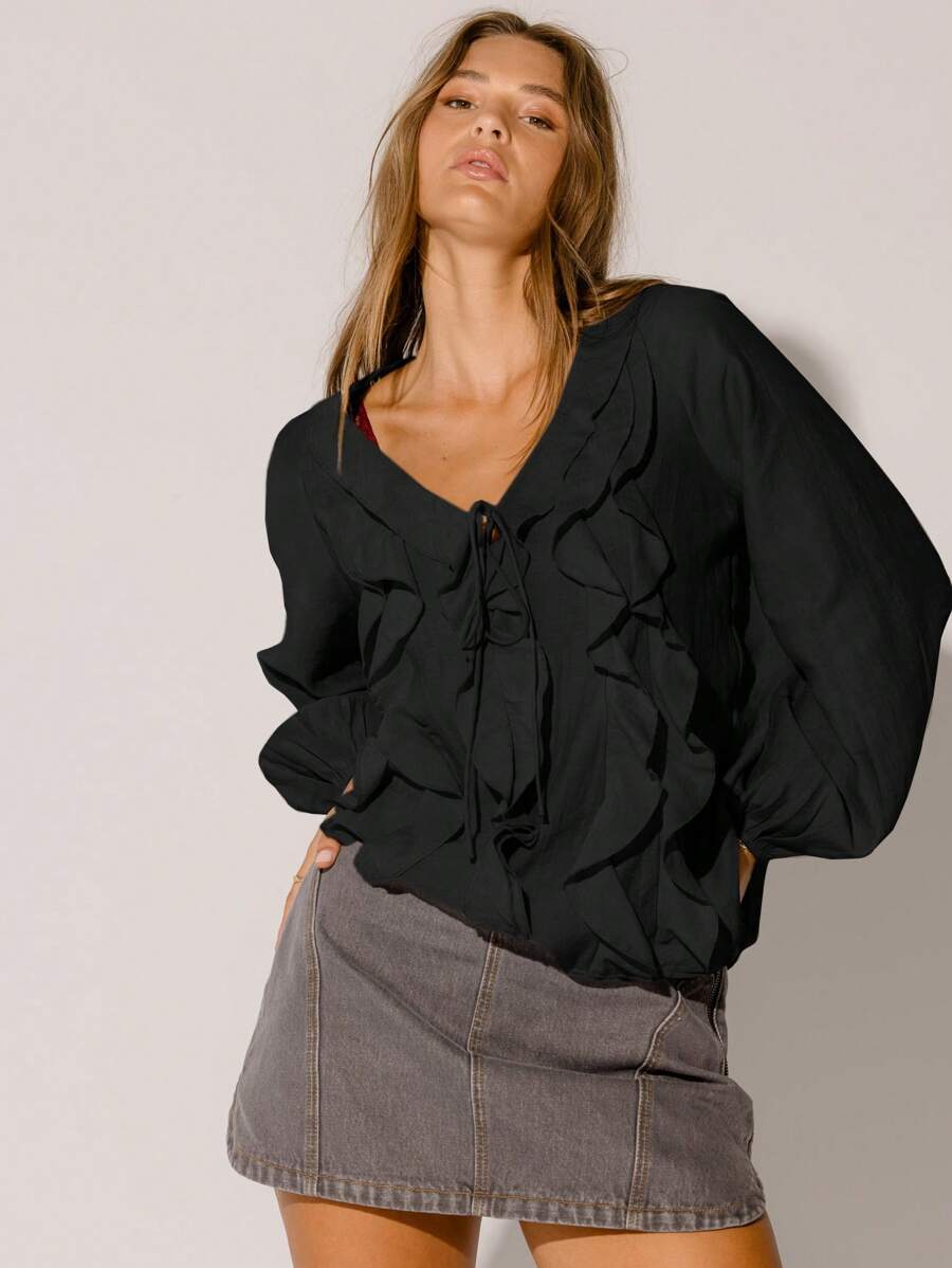 Aralina Casual Winter/Fall Semi Sheer Y2k Ruffled Sexy V-Neck Long Sleeve Front Tie Blouse - Black - View 1
