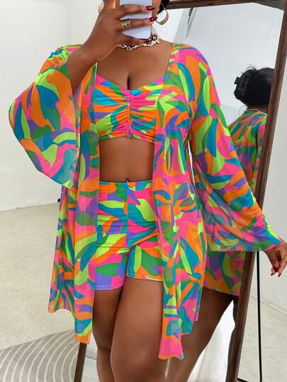 Slaydiva Plus Size 3pcs Swimwear Set: Swimwear, Cover-Up, Print Design, Casual Beachwear For Summer Holiday, Vacation