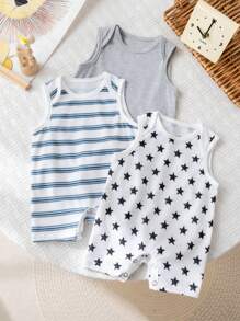 3 件套新生儿男孩可爱条纹星星印花休闲针织连体裤套装，夏季 - 彩色 - 查看 1