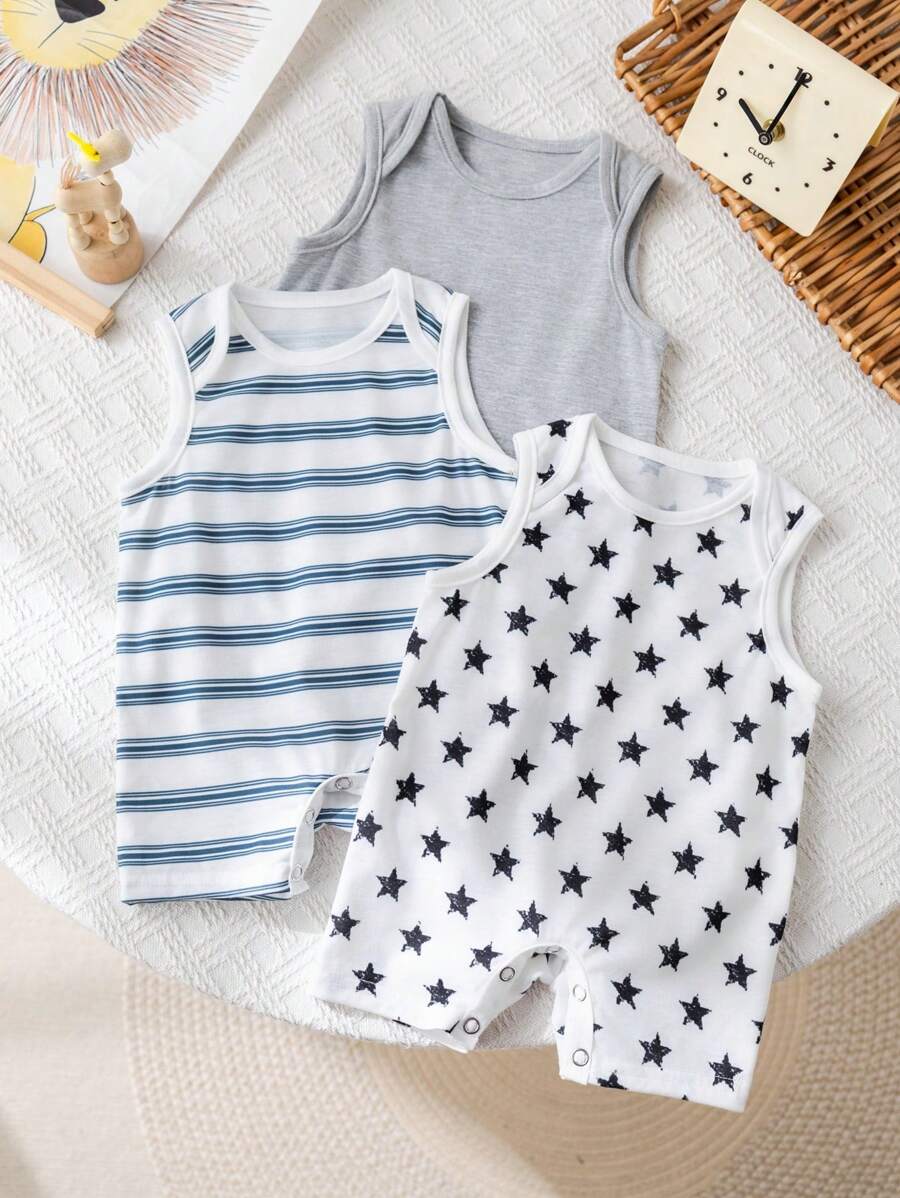 3 件套新生儿男孩可爱条纹星星印花休闲针织连体裤套装，夏季 - 彩色 - 查看 1