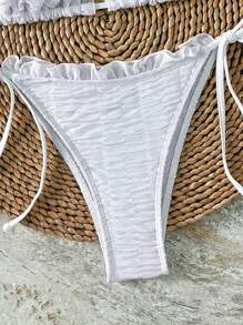 Swim SXY Springbreak Fashionable Elegant Cute Draped Frilled Metallic Mesh Triangle Halter Solid Color Side-Tie Bikini Two-Piece Swimwear, Summer Beach Vacation - White - View 4