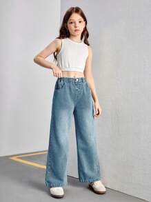 Tween Girls Light Washed Relaxed Straight Leg Jeans, Casual & Versatile Minimalist Design, Suitable For Daily Wear - Medium Wash - View 6