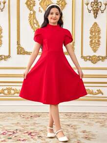 SHEIN Tween Girls' Elegant Backless Big Bow Buttoned Hollow Out A-Line Dress - Red - View 6